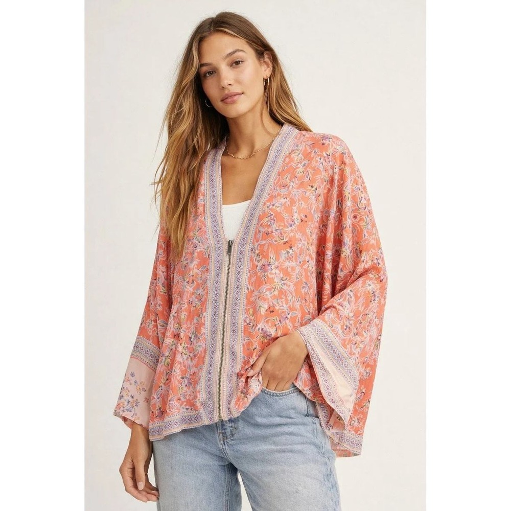 Free People Women XS/S Wildflower Kimono Jacket Boho Pink Orange Zip Up Relaxed